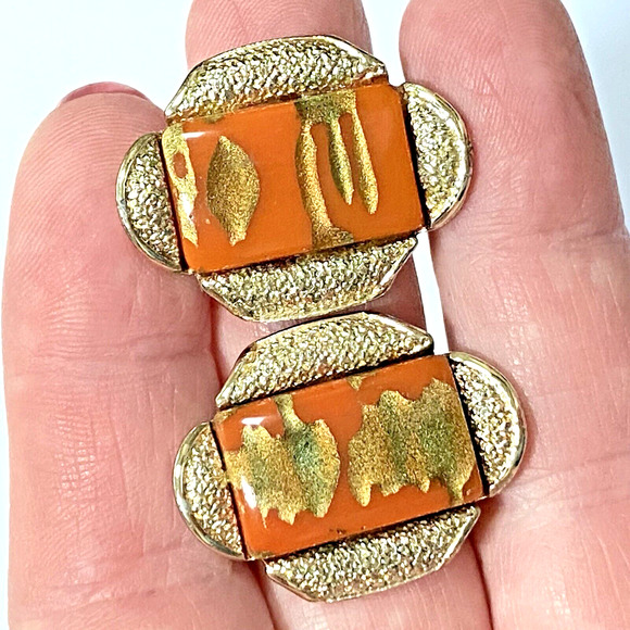 Vintage Coro Clip On Earrings Mid Century Textured Silvertone & Orange Art Glass - Picture 5 of 6